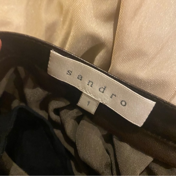 SANDRO velvet skirt dark green brown leather bow zipper size 1 pockets - Picture 5 of 9